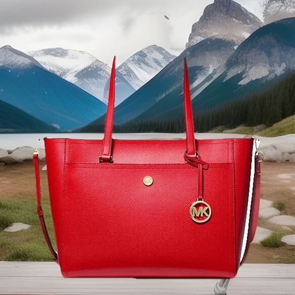 New MICHAEL KORS Maisie Large Pebbled Leather 2-in-1 Tote Bag/with wristlet, Red - Picture 1 of 11